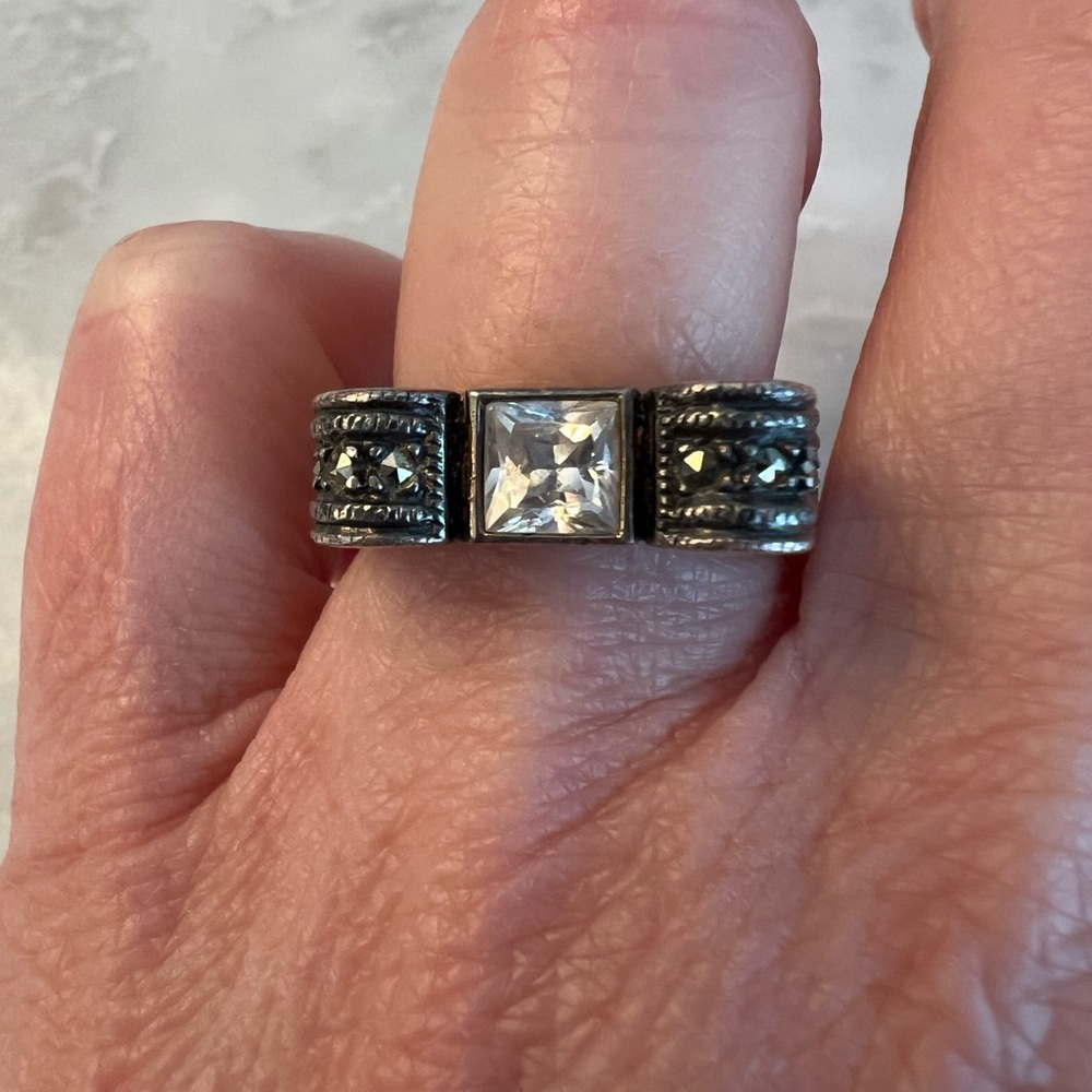 Vintage Sterling Silver Marcasite Ring Art Deco Square Stone Size 6